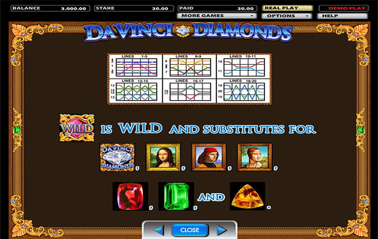 Paylines of the slot Da Vinci Diamonds