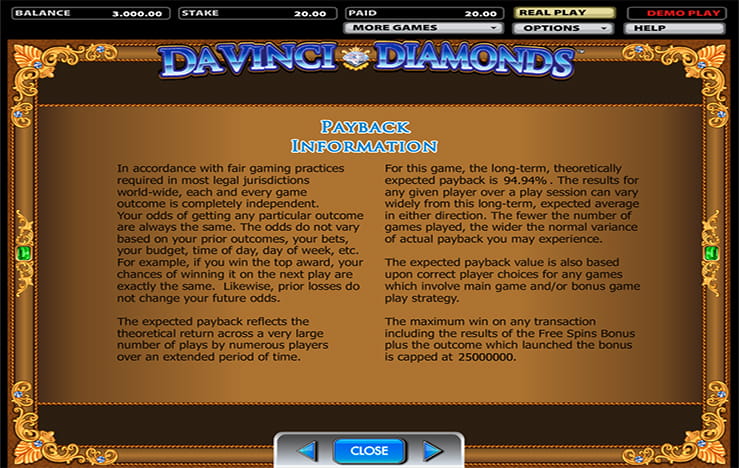 Payback information of the slot Da Vinci Diamonds