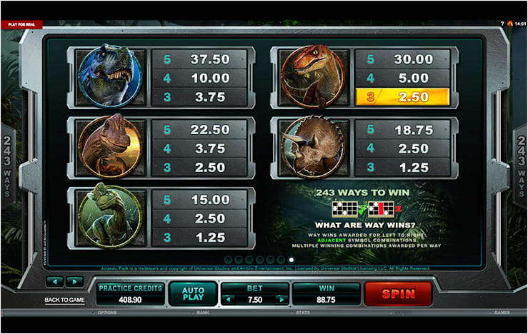 Paytable – Jurassic Park Slot – 243-Win Line